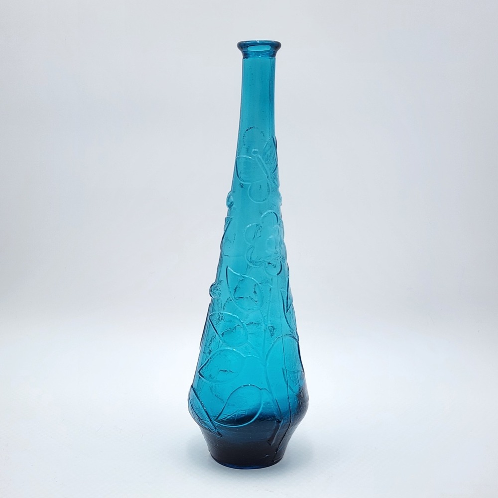 Vintage Empoli Italy Teal Blue Glass Genie Bottle Decanter Butterfly Flowers MCM - Picture 2 of 12